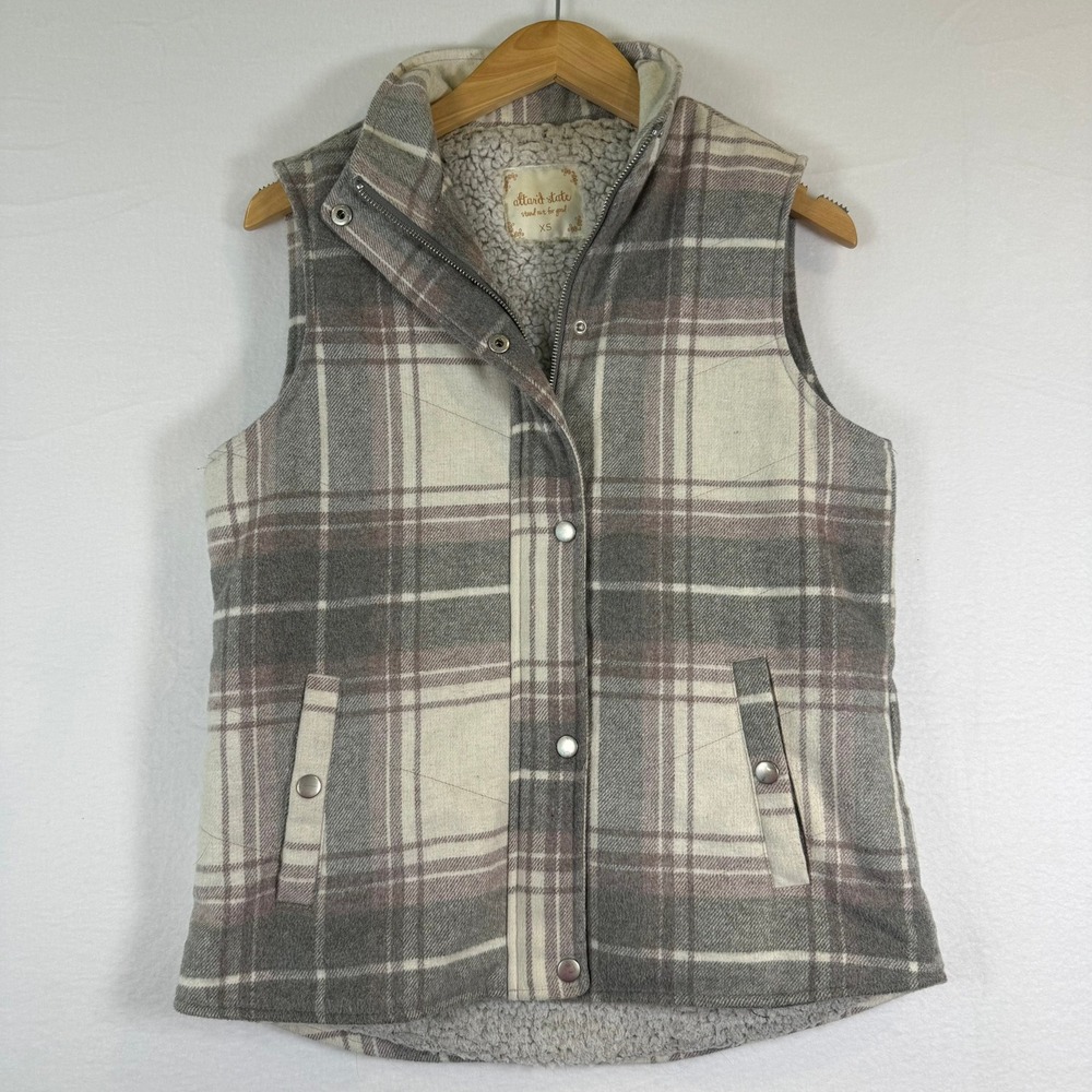 Womens Altar'd State Plaid Sherpa Lined Vest Mauve Gray XS